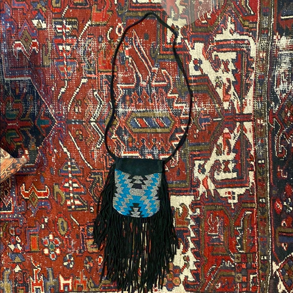 COPY - Cleobella x Urban Outfitters Leather Blue and Black Beaded Fringe Bag